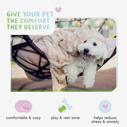 Petique tan fleece pet blanket draped over a living room sofa for hair protection