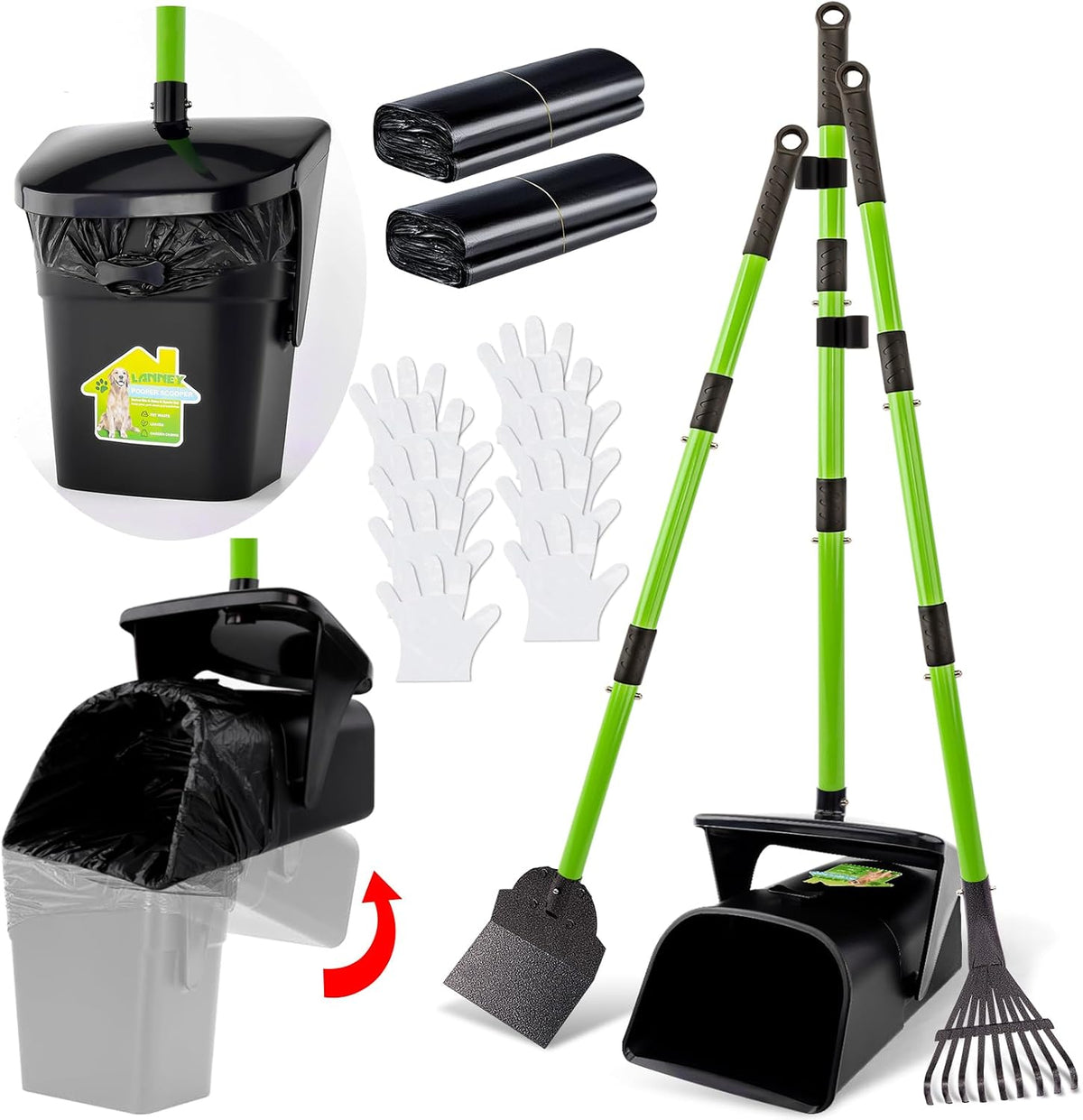 LANNEY heavy duty dog pooper scooper set with 38 inch handle shown from the front view for backyard lawn pet waste cleanup.