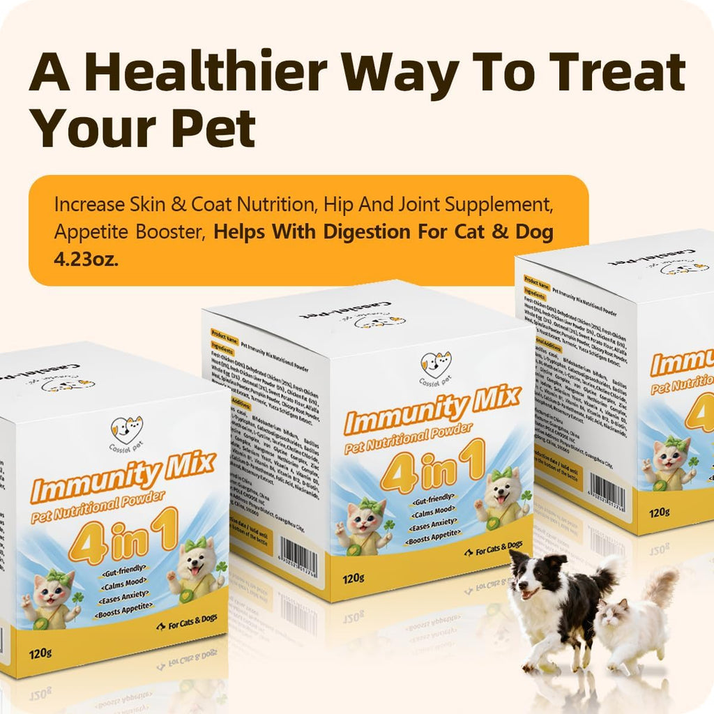 Dog and cat eating food mixed with Cassiel Pet supplement