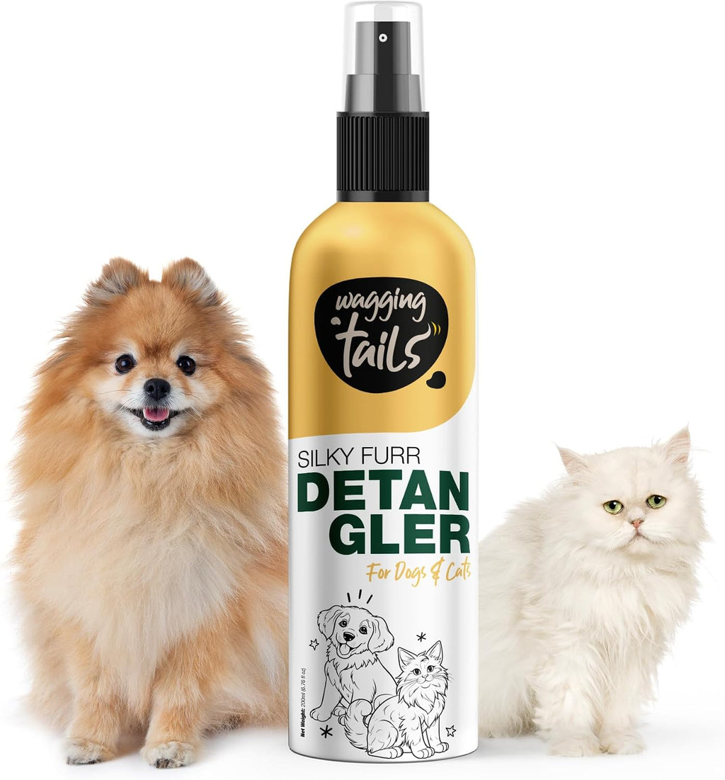 Close up view of Wagging Tails silky furr formula texture on long-haired pet coat.