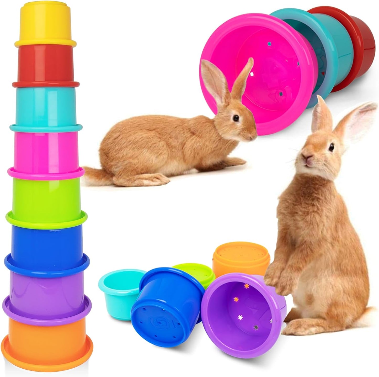 Iffitya rabbit enrichment toys packed together demonstrating the compact space saving nesting feature for easy storage.