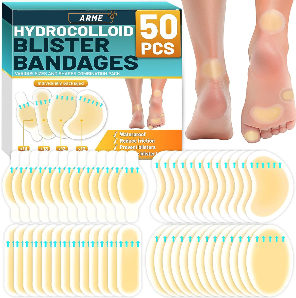 Arme Hydrocolloid Bandages 50 count box front view for blister protection