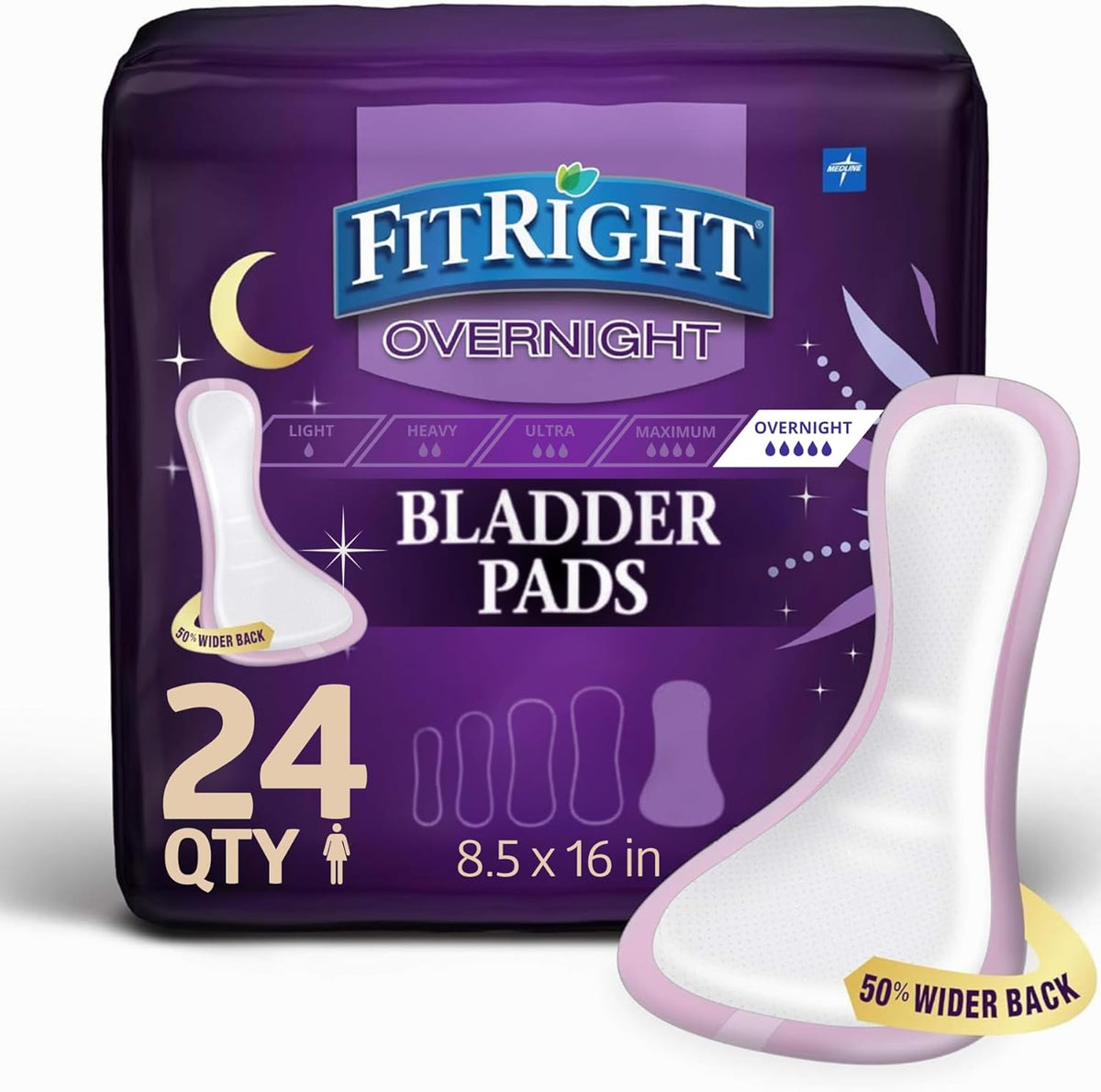 Medline FitRight Overnight Bladder Control Pads front packaging view showcasing maximum absorbency specifications.