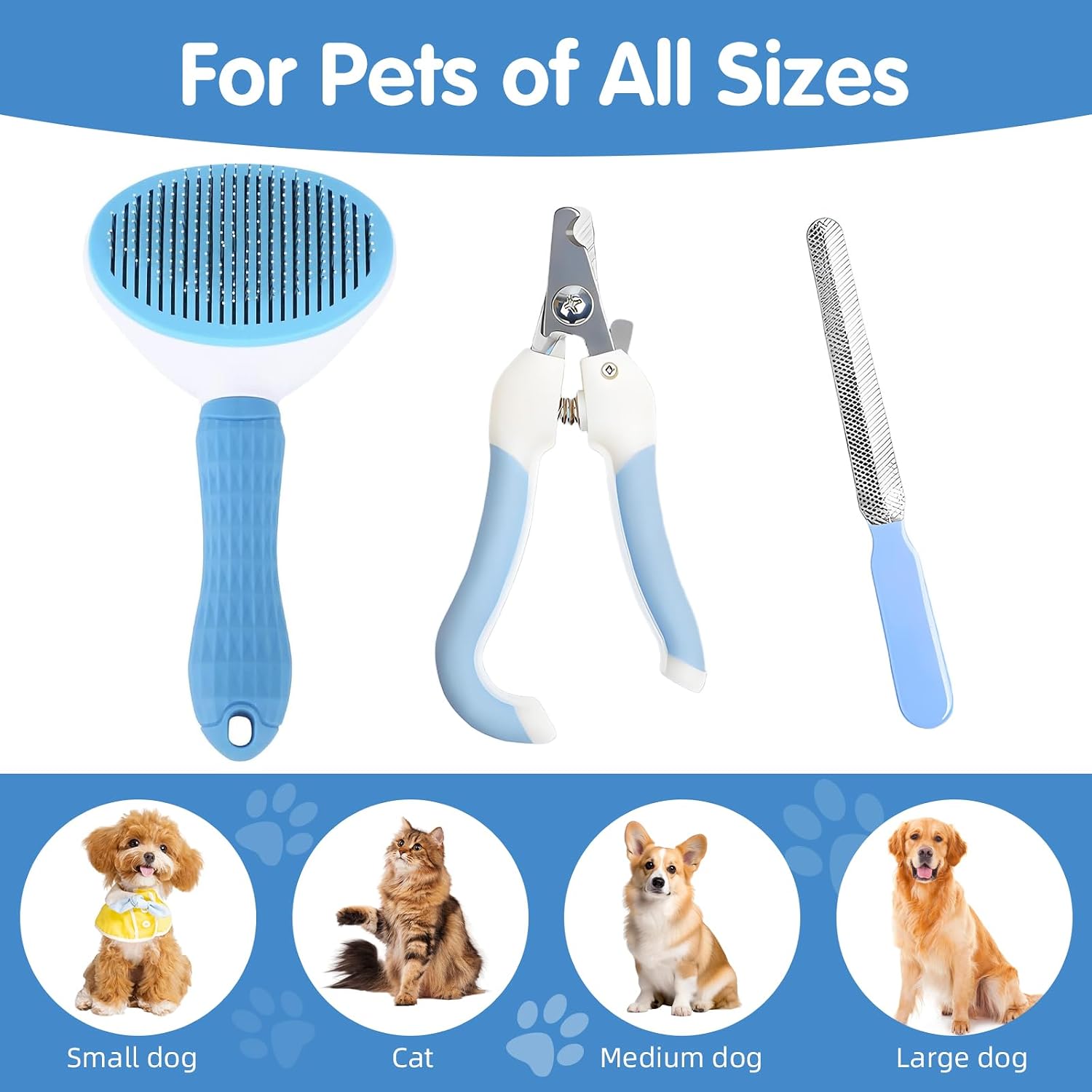 Aglads three piece pet care bundle blue variant displayed with all packaged accessories.