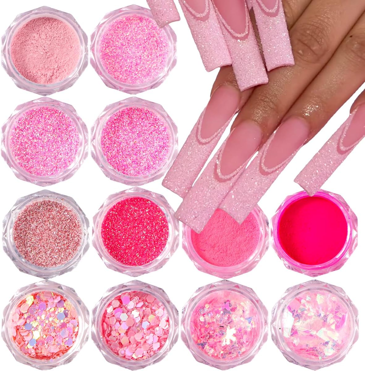 Generic 12 piece pink nail glitter set front view