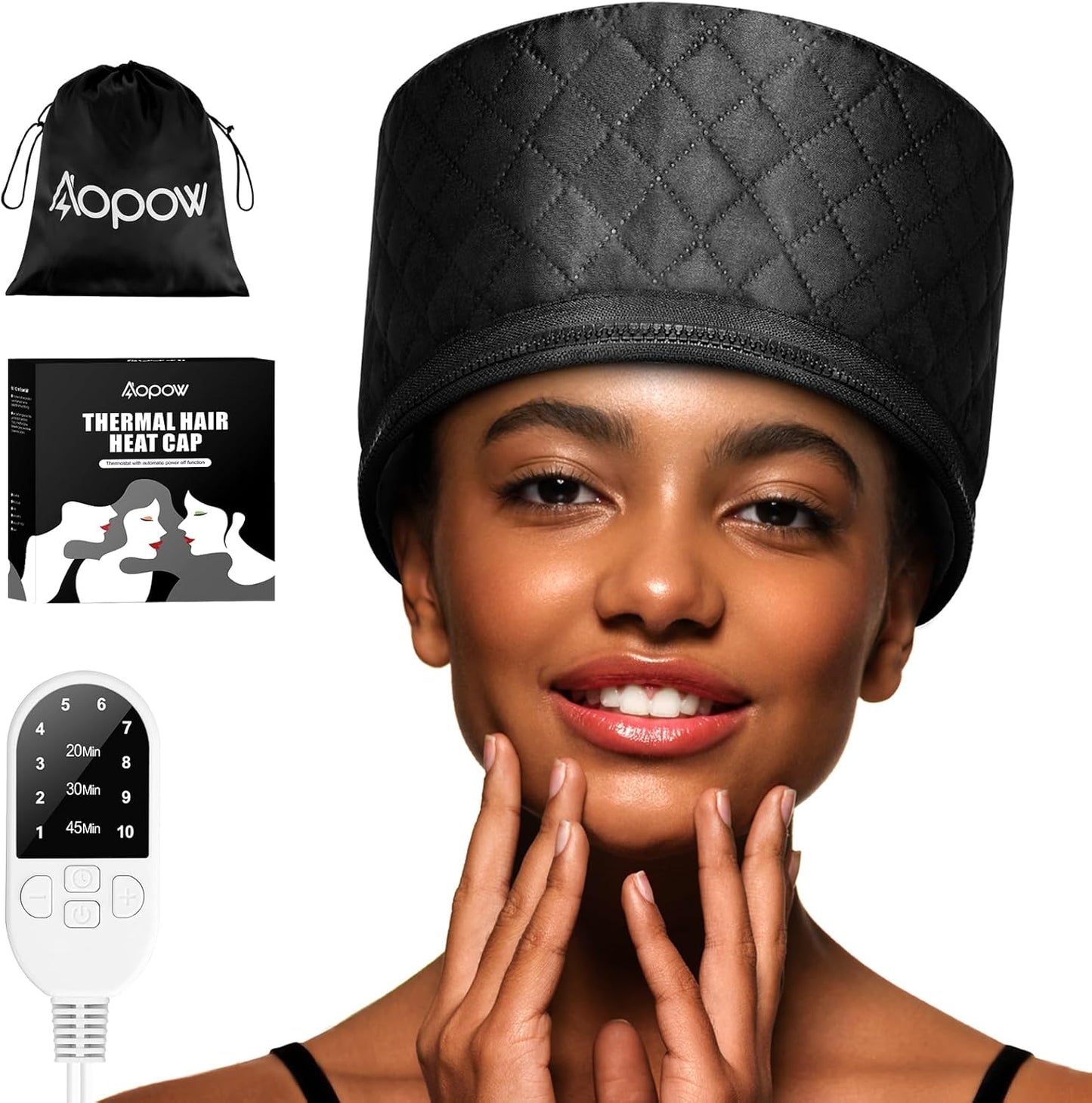AOPOW deep conditioning heat cap front view displaying elegant black thermal design for natural hair care.