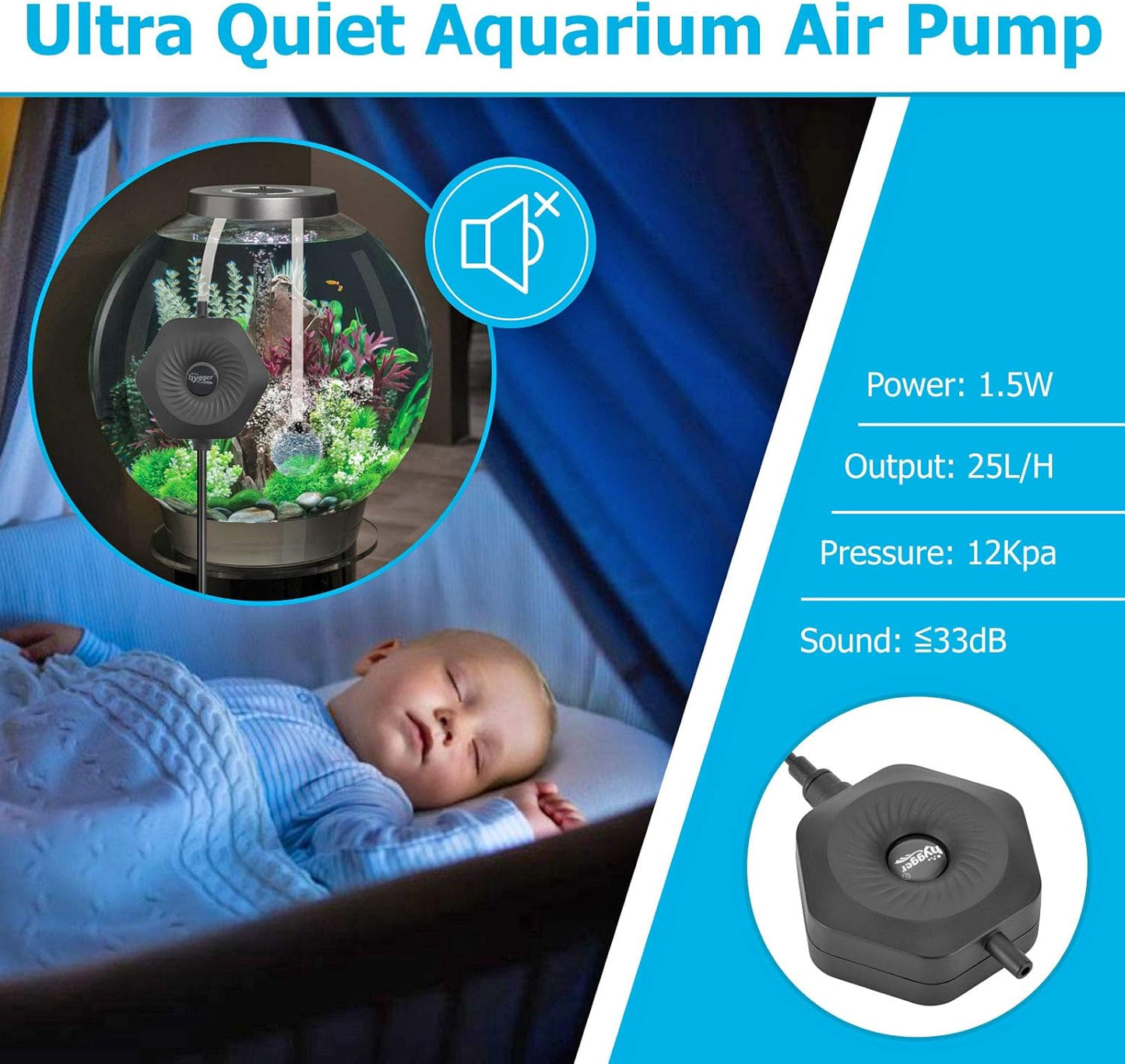 Compact air pump attached to glass fish bowl