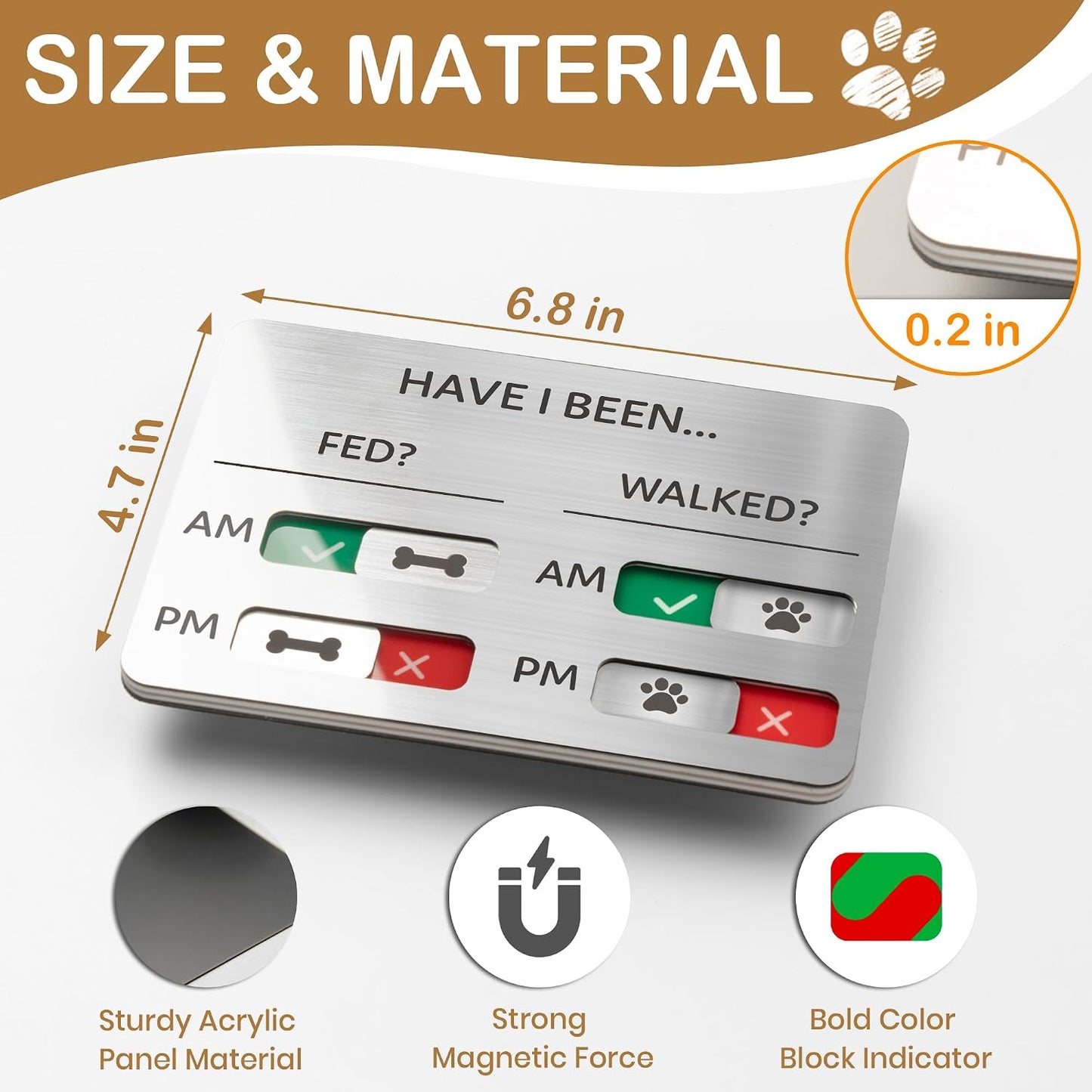 EliteSign pet tracker magnet displaying AM PM columns with green checkmarks and red crosses.
