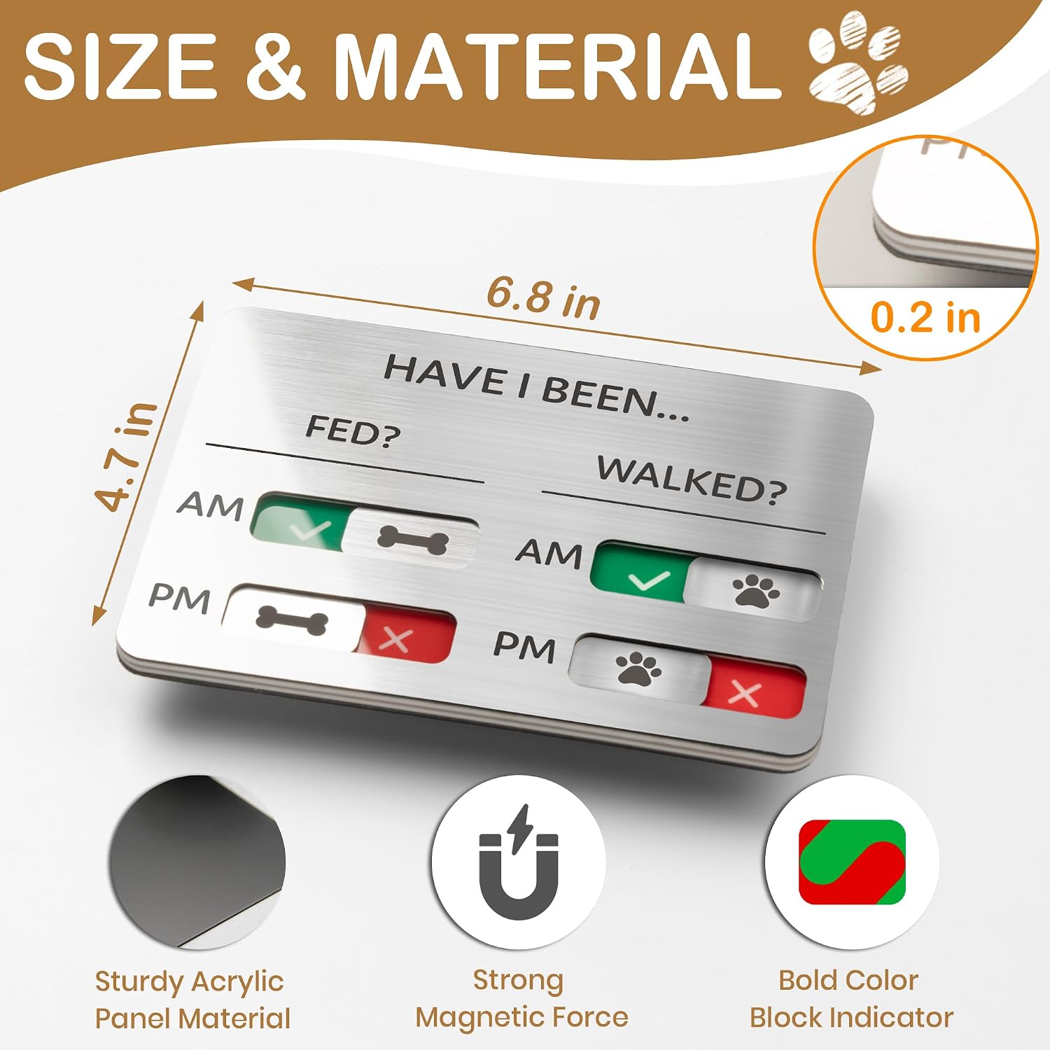 EliteSign pet tracker magnet displaying AM PM columns with green checkmarks and red crosses.