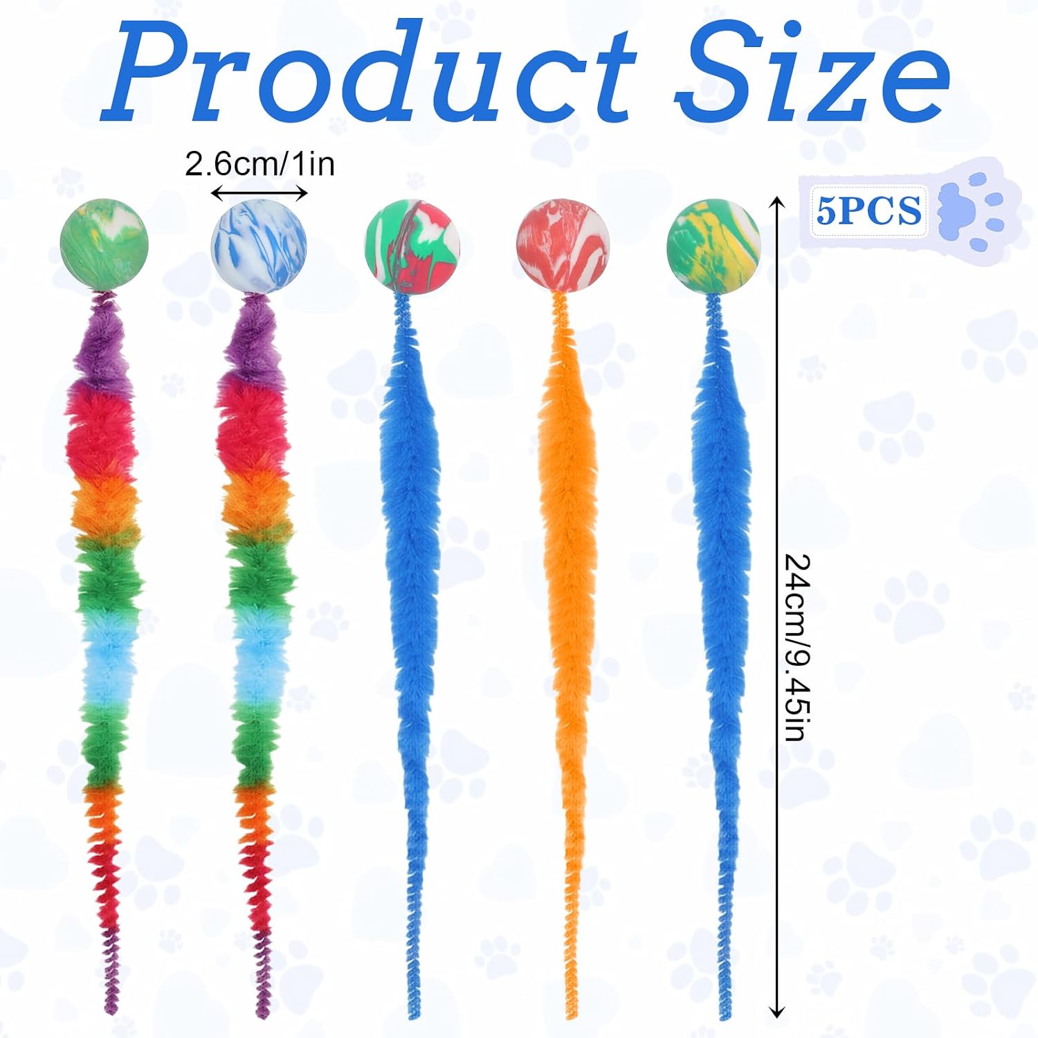 Five pack of rainbow fuzzy tail cat toys with marble pattern bouncy balls