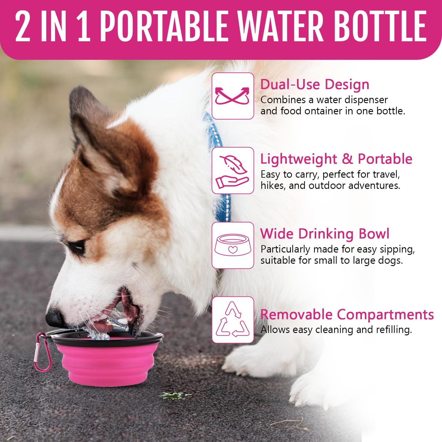 Premium pink 2-in-1 dog feeder cup and collapsible bowl set for camping and hiking