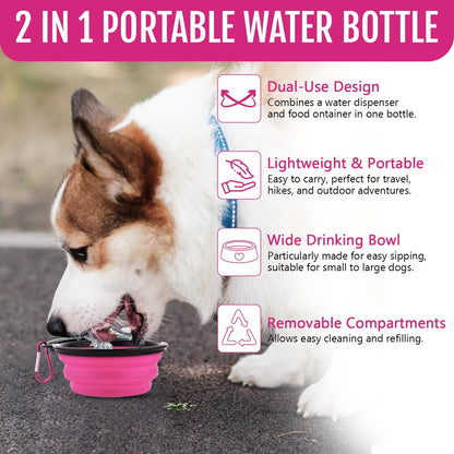Premium pink 2-in-1 dog feeder cup and collapsible bowl set for camping and hiking