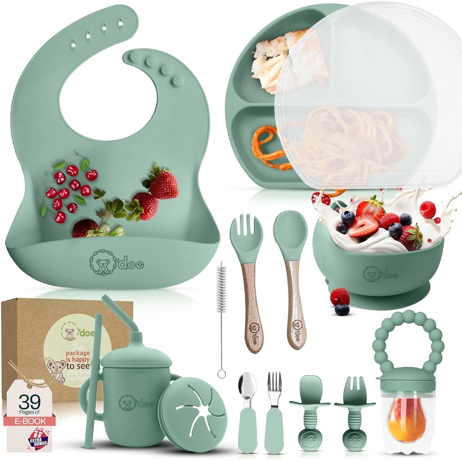 O'doe 17-piece silicone baby feeding set in green