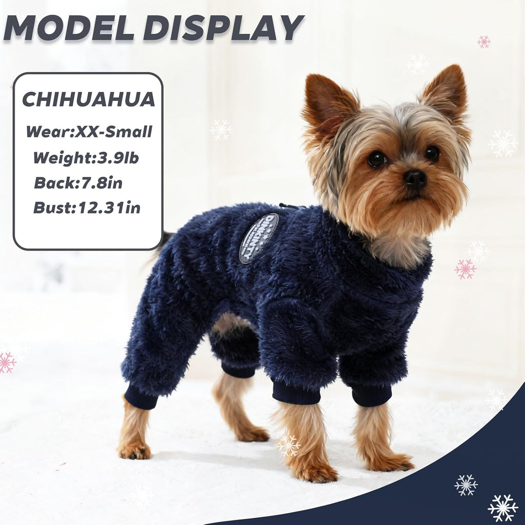 Dinkinty soft thermal small dog clothes in navy blue color full body coverage.