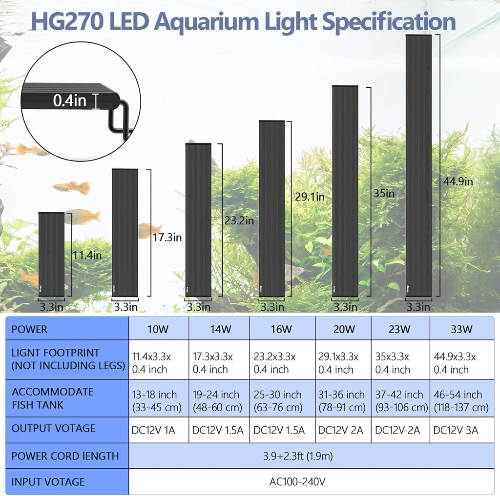 Hygger small submersible LED aquarium light showcasing the gradual sunrise to sunset natural light sequence stages.