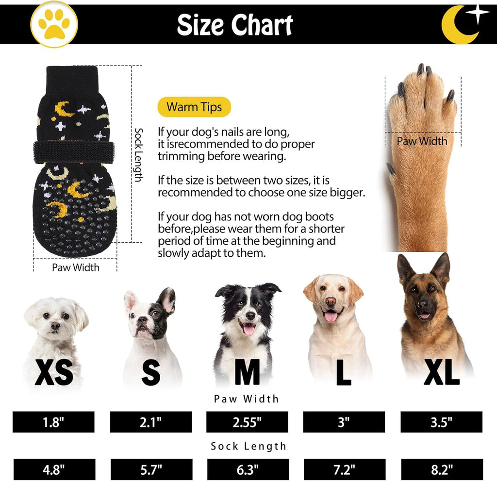 Dog wearing Scenereal grippy socks on hardwood floor