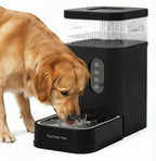 Gardner Pet automatic dog water bowl dispenser front view showcasing the black base and clear water tank.