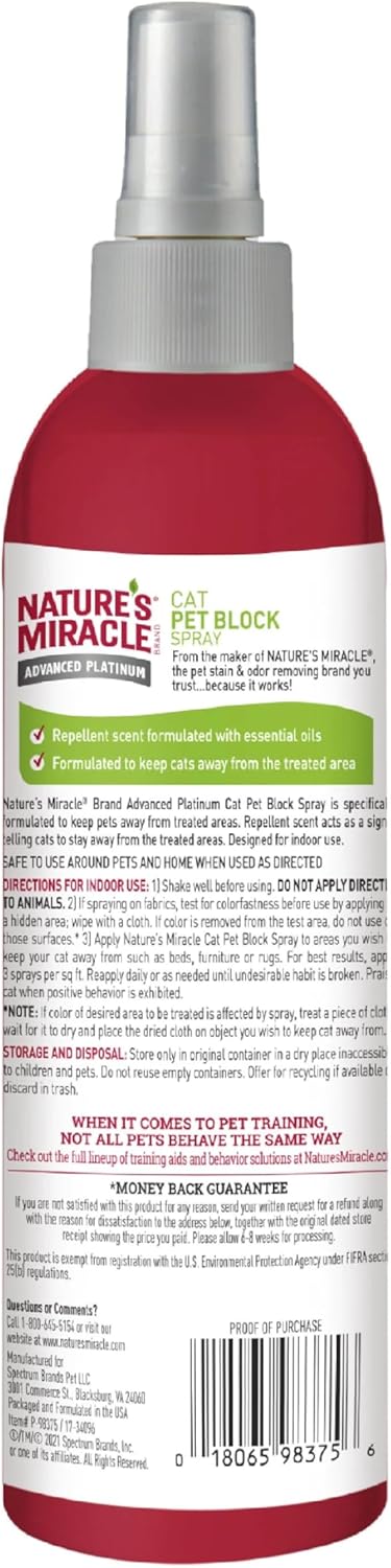 Nature's Miracle pet block spray for cats showing essential oil formula details and surface application guidelines