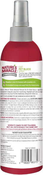 Nature's Miracle pet block spray for cats showing essential oil formula details and surface application guidelines