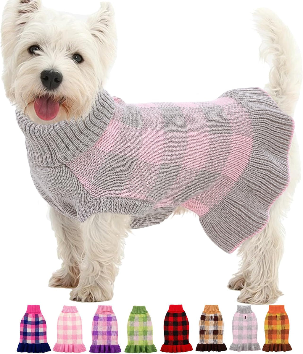 Dog Sweater Dress Plaid Knitwear for Small Medium Dogs Warm Puppy Pet Turtleneck Stretch Pullover Cute Fall Winter Vest Clothes with Leash Hole for Christmas (Pink, XS) - Image 9