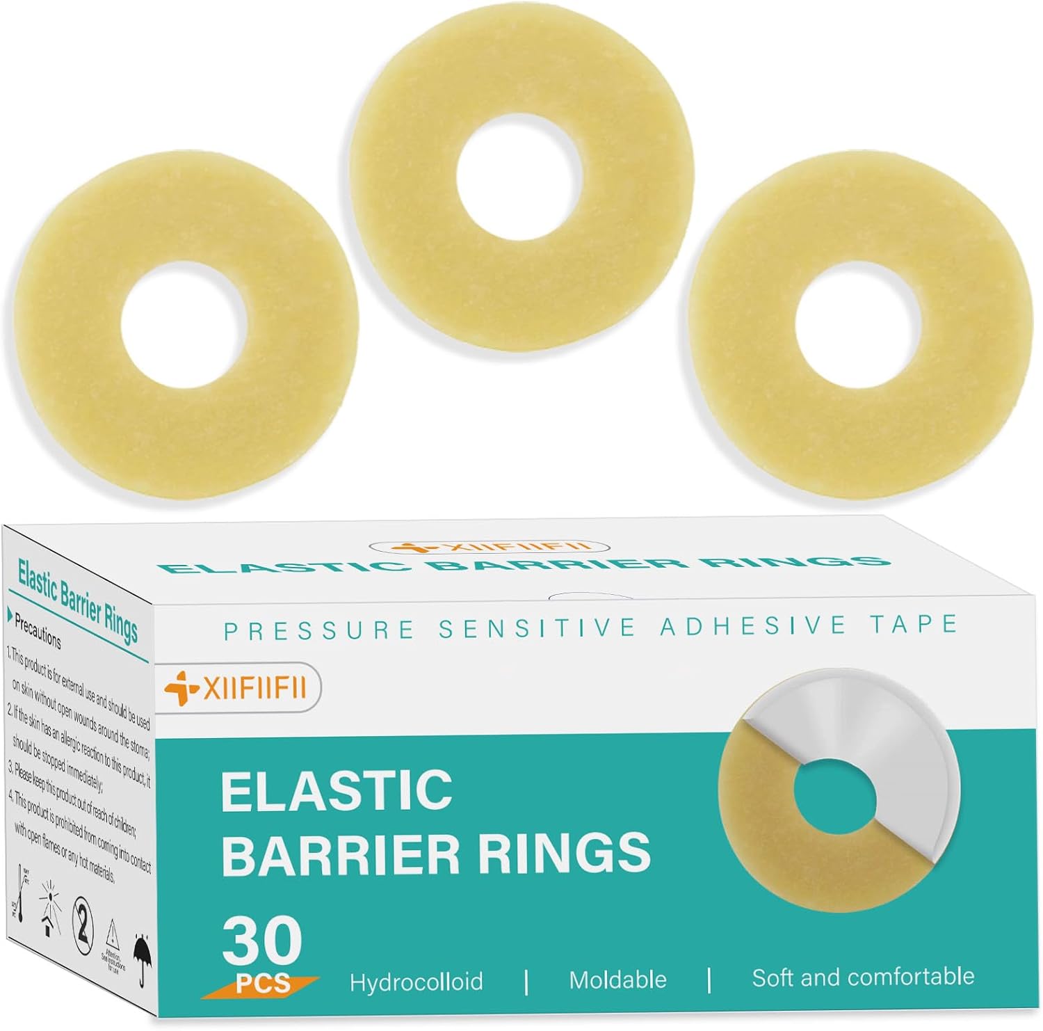 XIIFIIFII ostomy barrier rings 30 pieces pack front view showing premium hydrocolloid medical seals for stoma care.