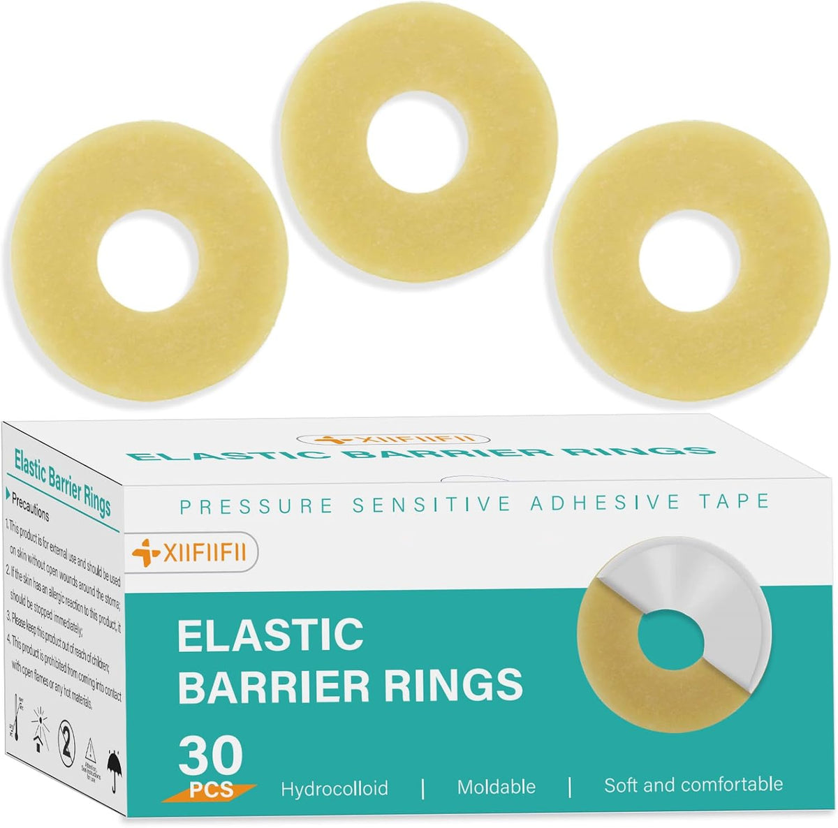 XIIFIIFII ostomy barrier rings 30 pieces pack front view showing premium hydrocolloid medical seals for stoma care.