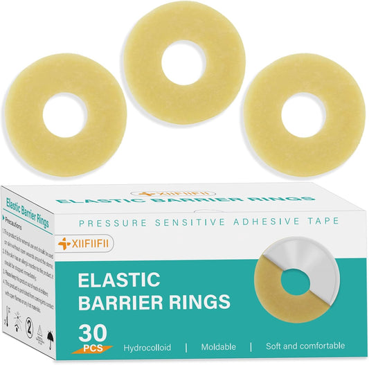 XIIFIIFII ostomy barrier rings 30 pieces pack front view showing premium hydrocolloid medical seals for stoma care.