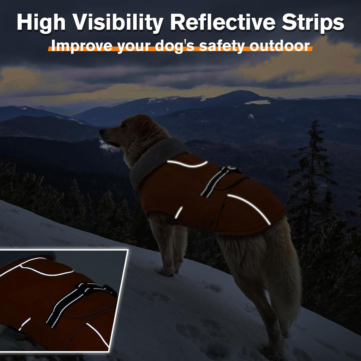 Close up of Lelepet dog coat reflective safety strips
