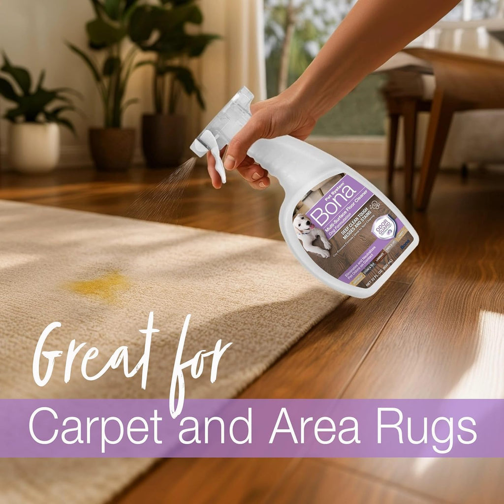 Bona pet odor eliminator applied to carpeted area rug