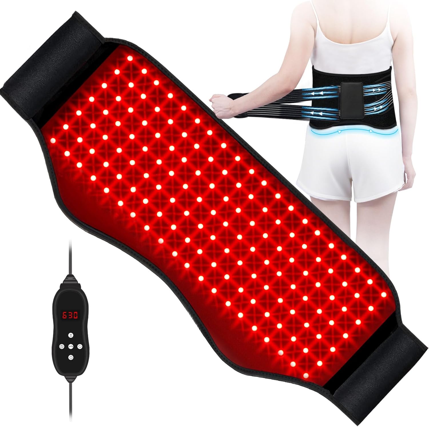 KingPavonini Red Light Therapy Belt front view showing illuminated 140 LED array.