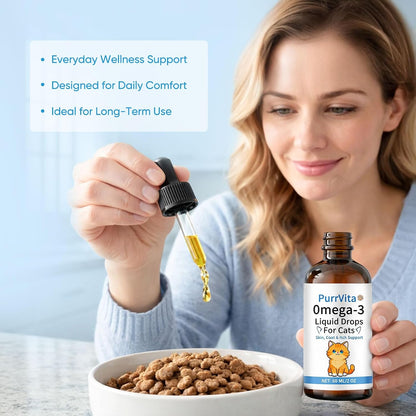 Liquid omega-3 nutritional drops for senior cat joint mobility and dry skin relief.