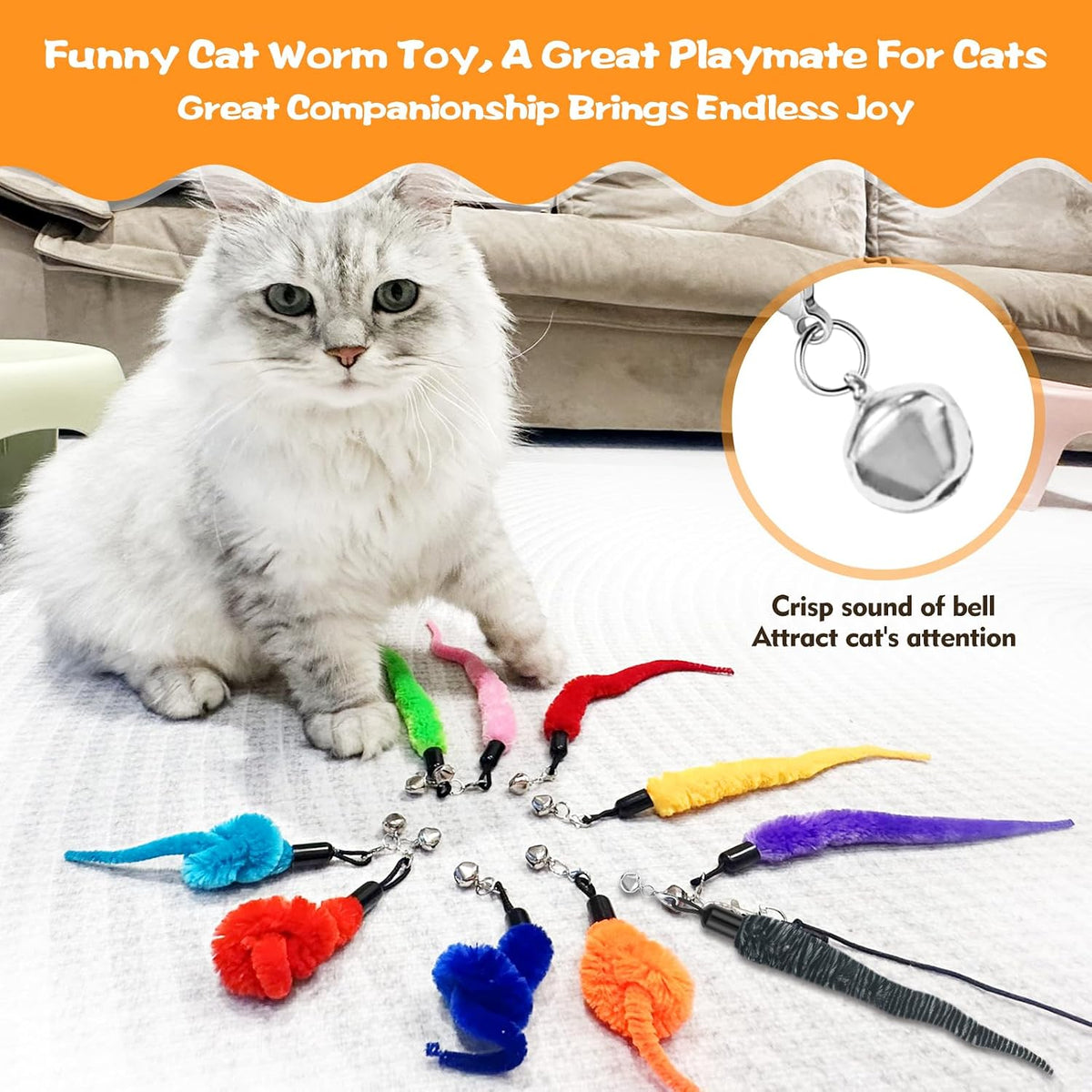 Fuzzy cat wand attachment replacements with built-in bells for indoor kitten play