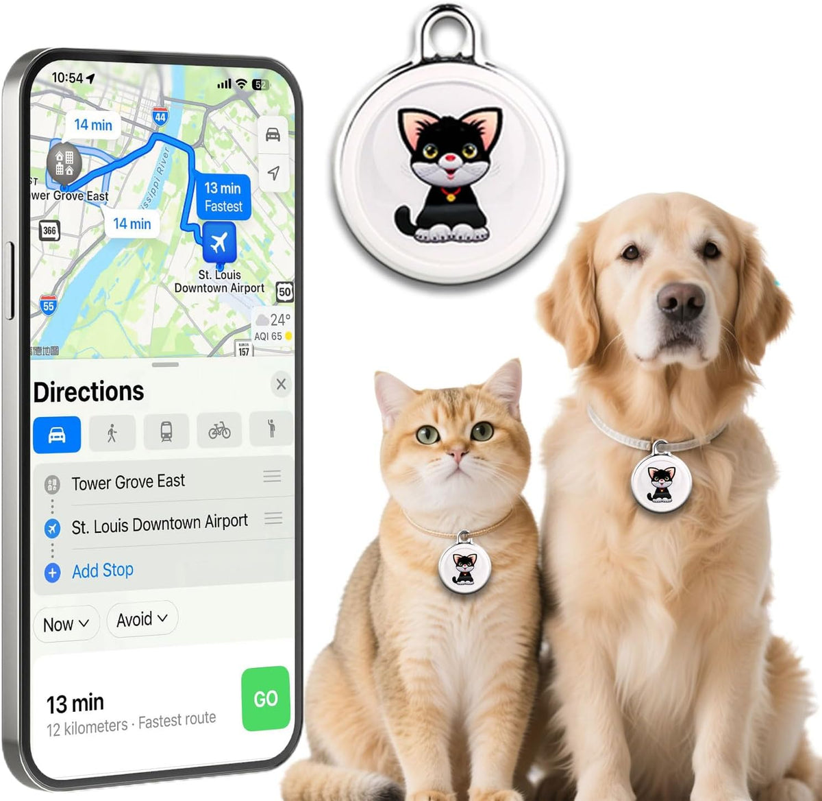 Fxajid Smart GPS Tracker for dogs and cats front view showing compact lightweight design.