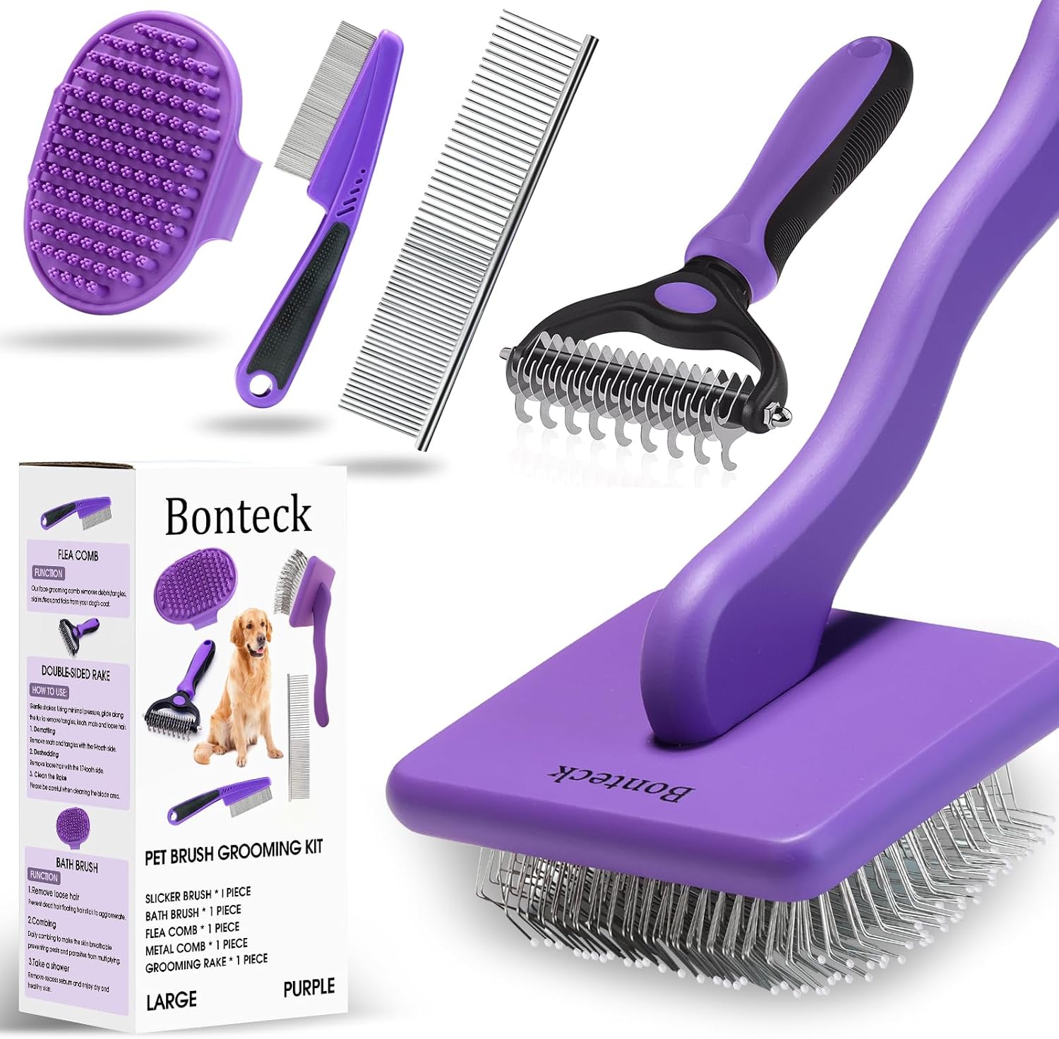 Bonteck dog slicker brush grooming kit front view showcasing the purple long pin brush and stainless steel comb.