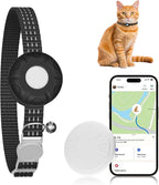 ZFSJTAG GPS cat tracker front view showing the white tracking device secured on a premium black pet collar.
