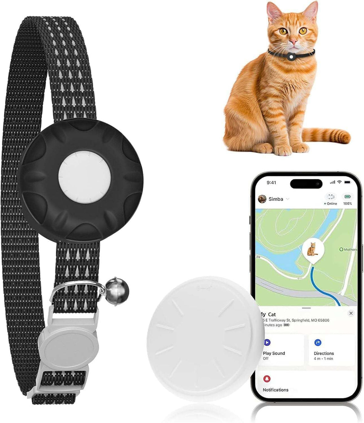ZFSJTAG GPS cat tracker front view showing the white tracking device secured on a premium black pet collar.