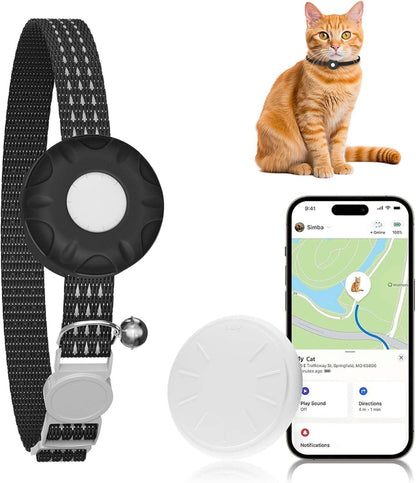 ZFSJTAG GPS cat tracker front view showing the white tracking device secured on a premium black pet collar.