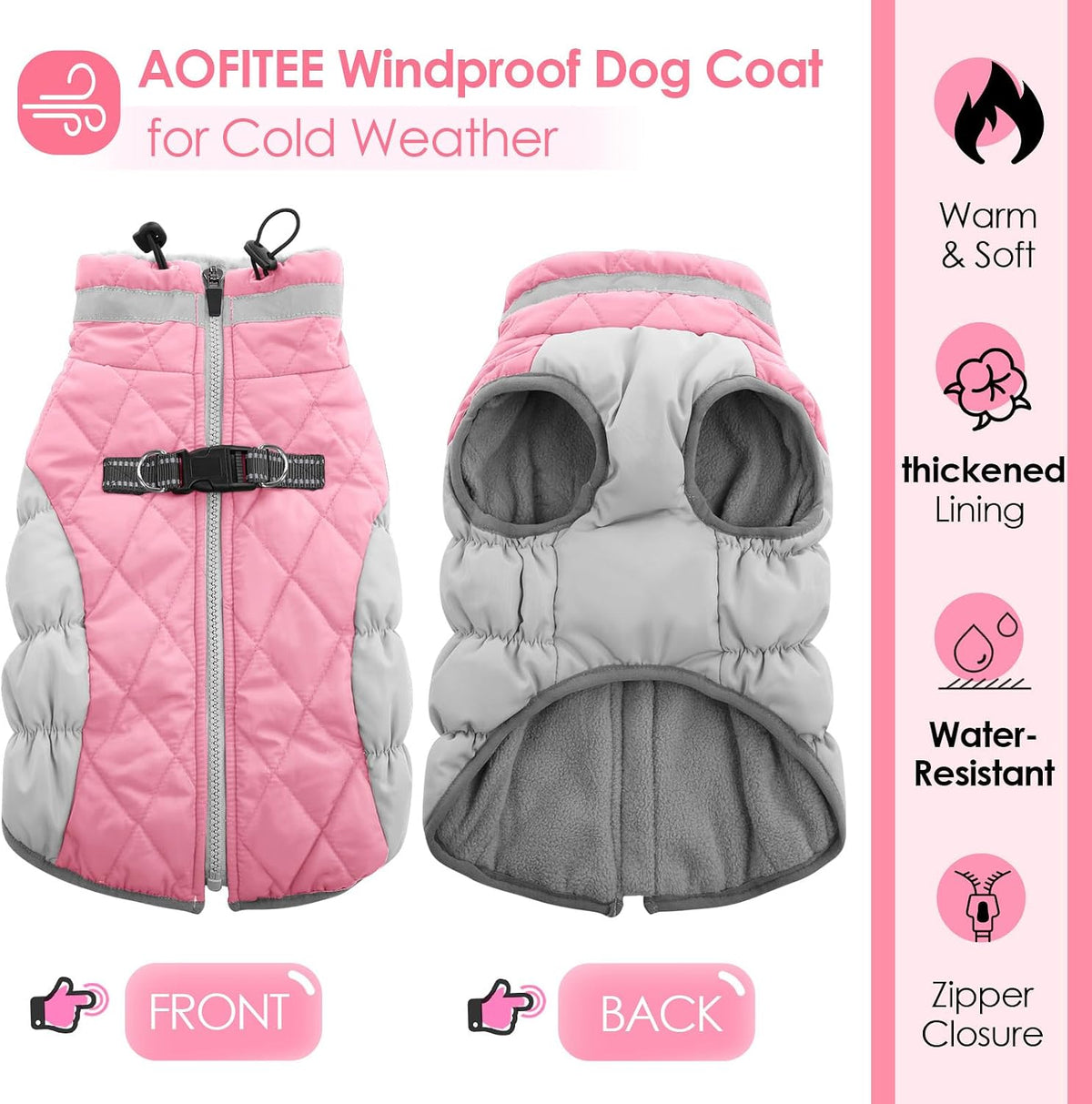 Side view of Aofitee warm dog jacket with reflective trim