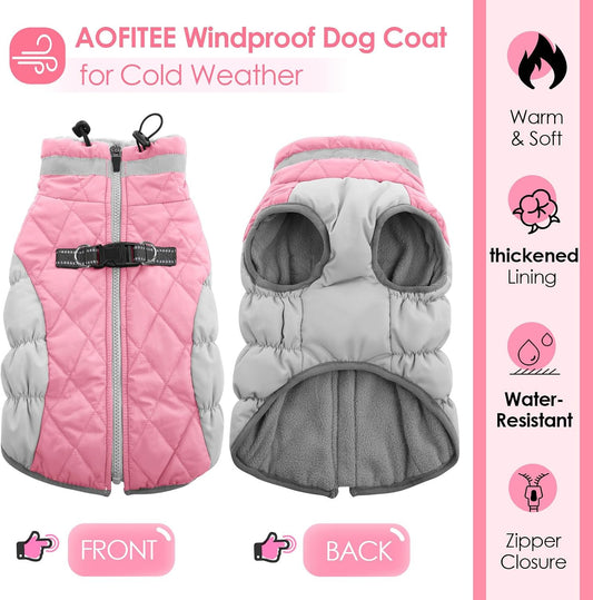 Side view of Aofitee warm dog jacket with reflective trim