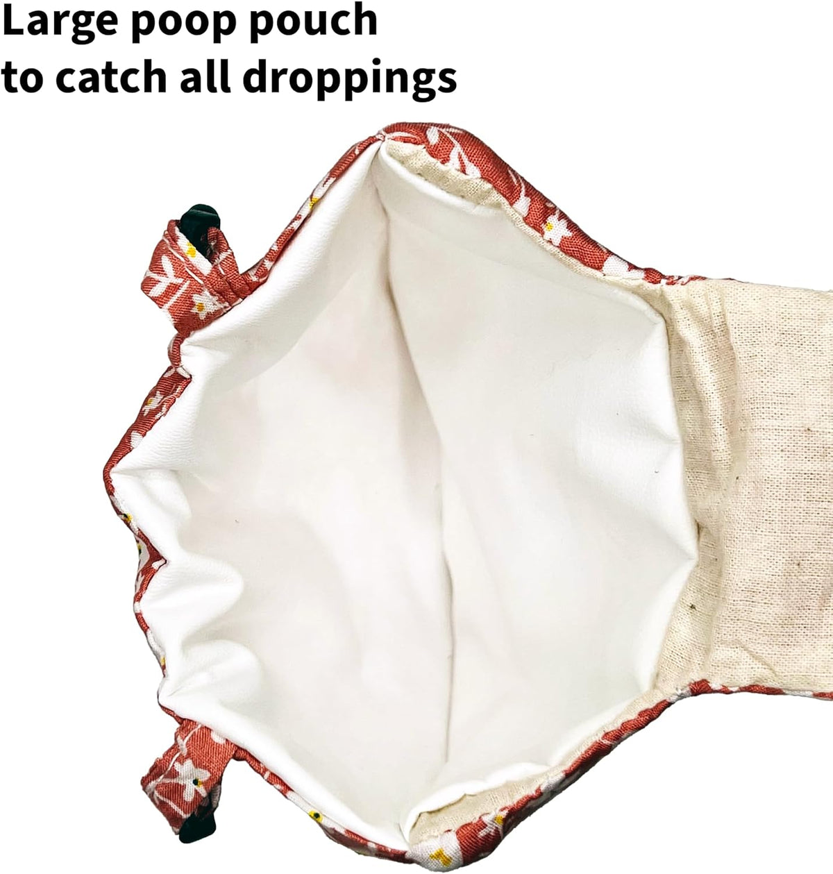 Close-up of waterproof vegan leather poop pouch interior lining