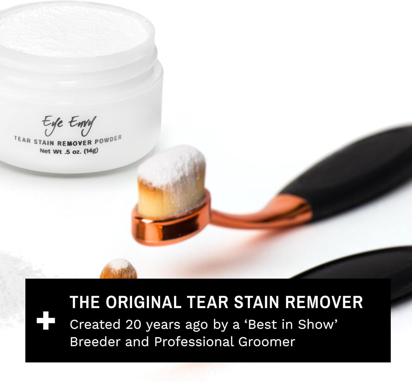 Grooming powder for flat faced pet breeds to repel eye area tears