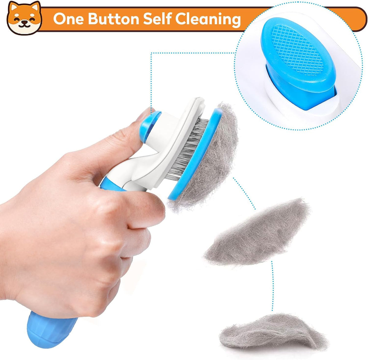 Ergonomic non slip rubber handle of the blue pet grooming brush