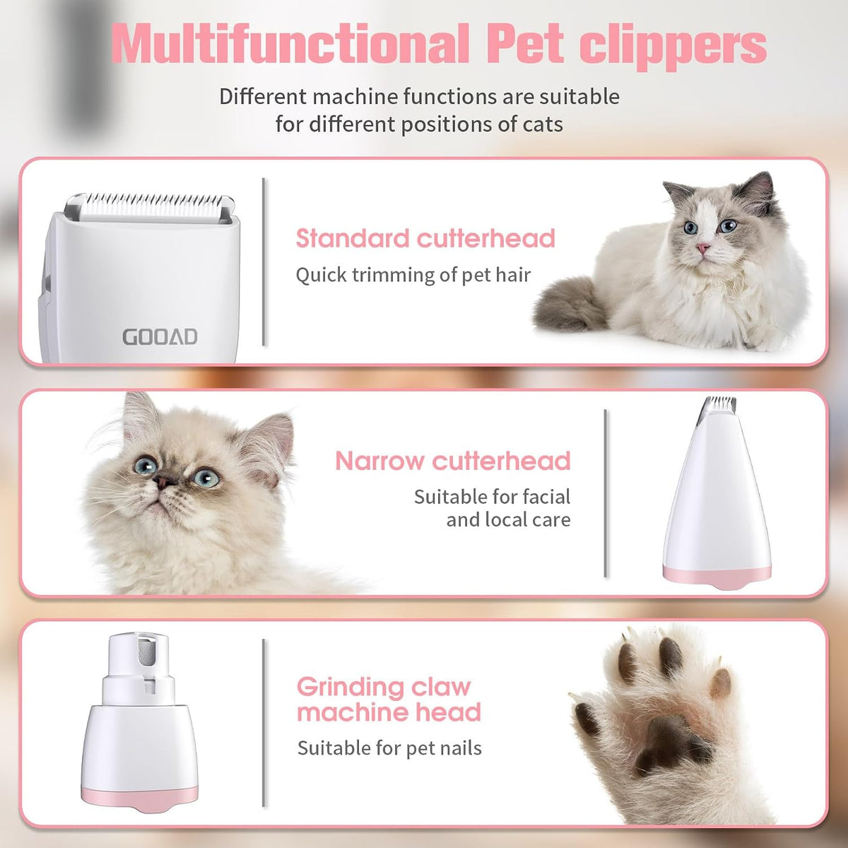 Gooad cordless pet trimmer with interchangeable paw shaver head