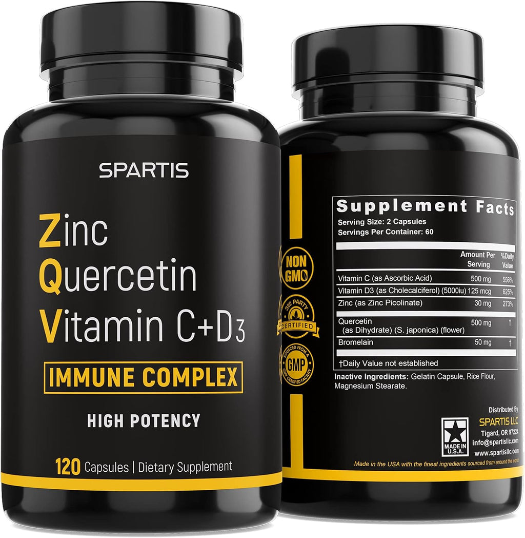 SPARTIS Zinc Quercetin 500mg 120 capsules bottle for high potency immune support
