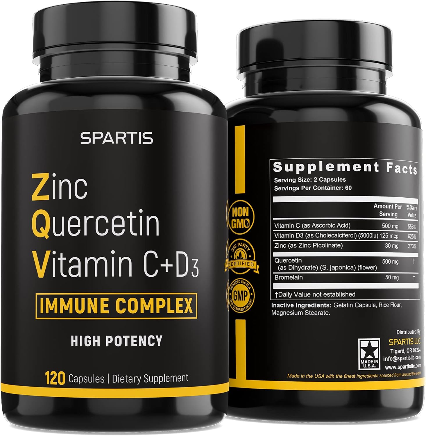 SPARTIS Zinc Quercetin 500mg 120 capsules bottle for high potency immune support