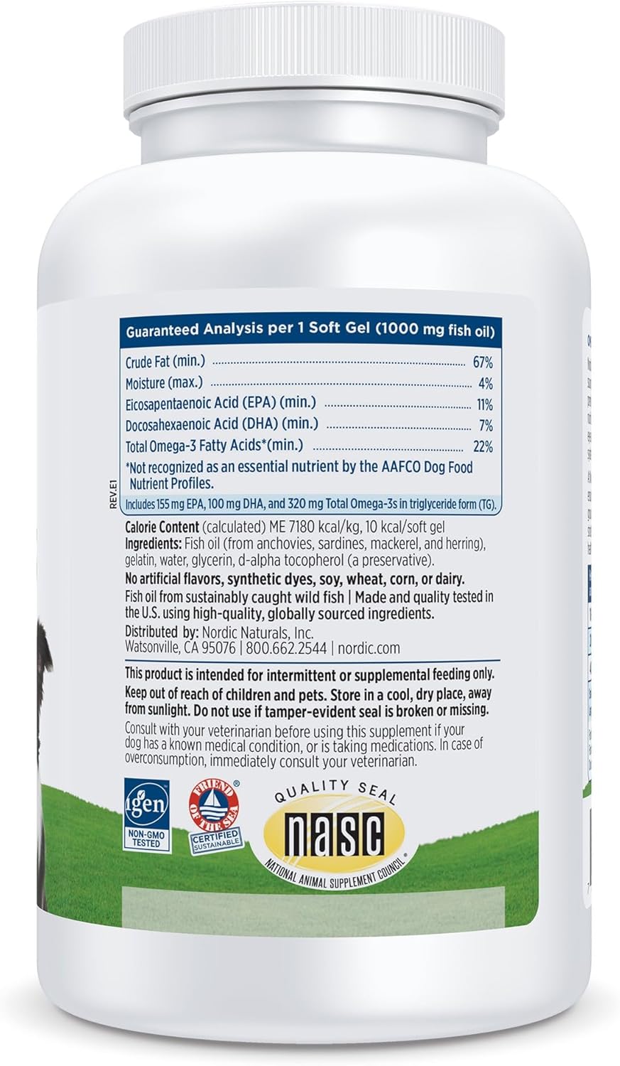 Nordic Naturals dog fish oil supplement capsule count and dosage label details