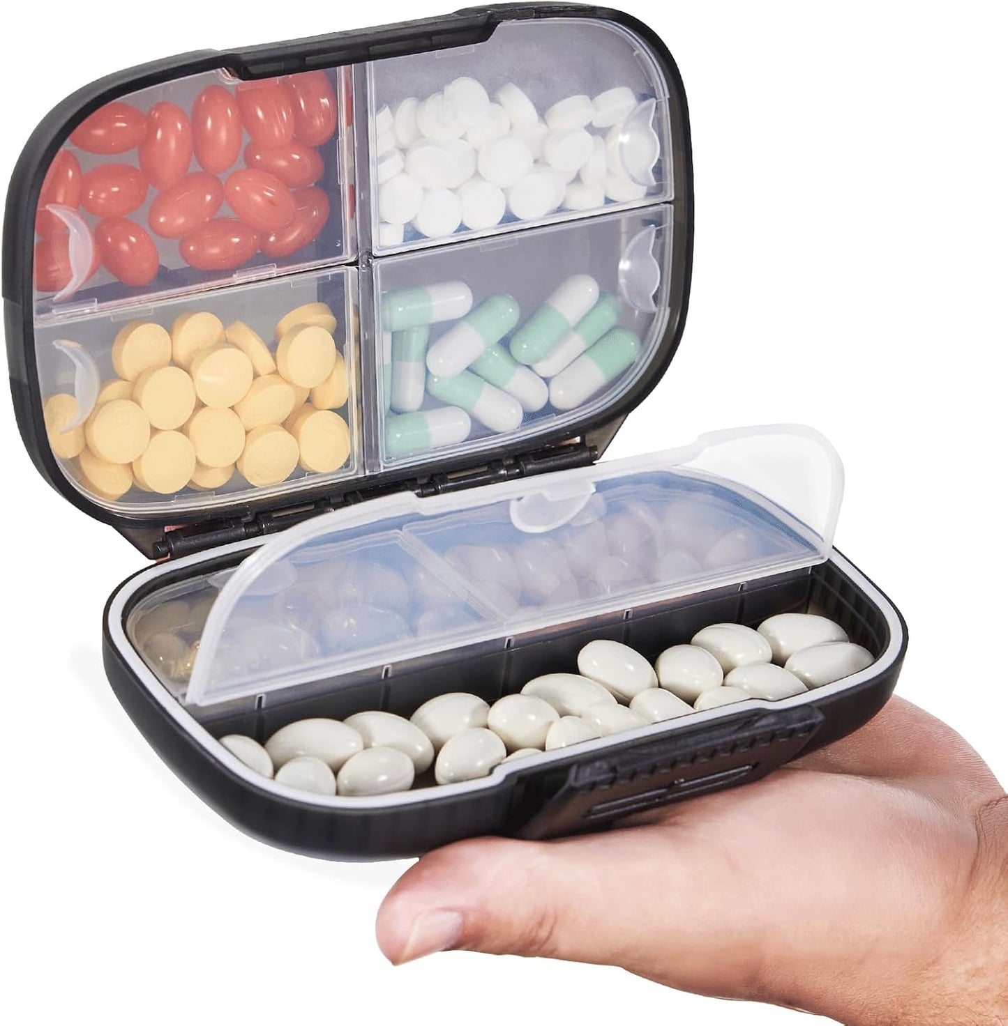 Sukuos Travel Pill Organizer front view showing the sleek black moisture proof outer shell