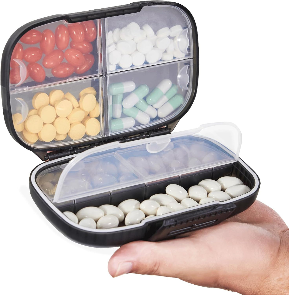 Sukuos Travel Pill Organizer front view showing the sleek black moisture proof outer shell