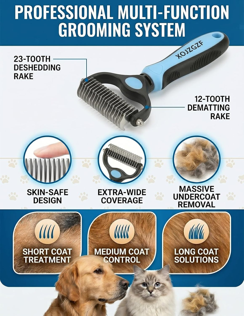 Congzikji grooming tool dematting side demonstrating knot removal on dog fur.