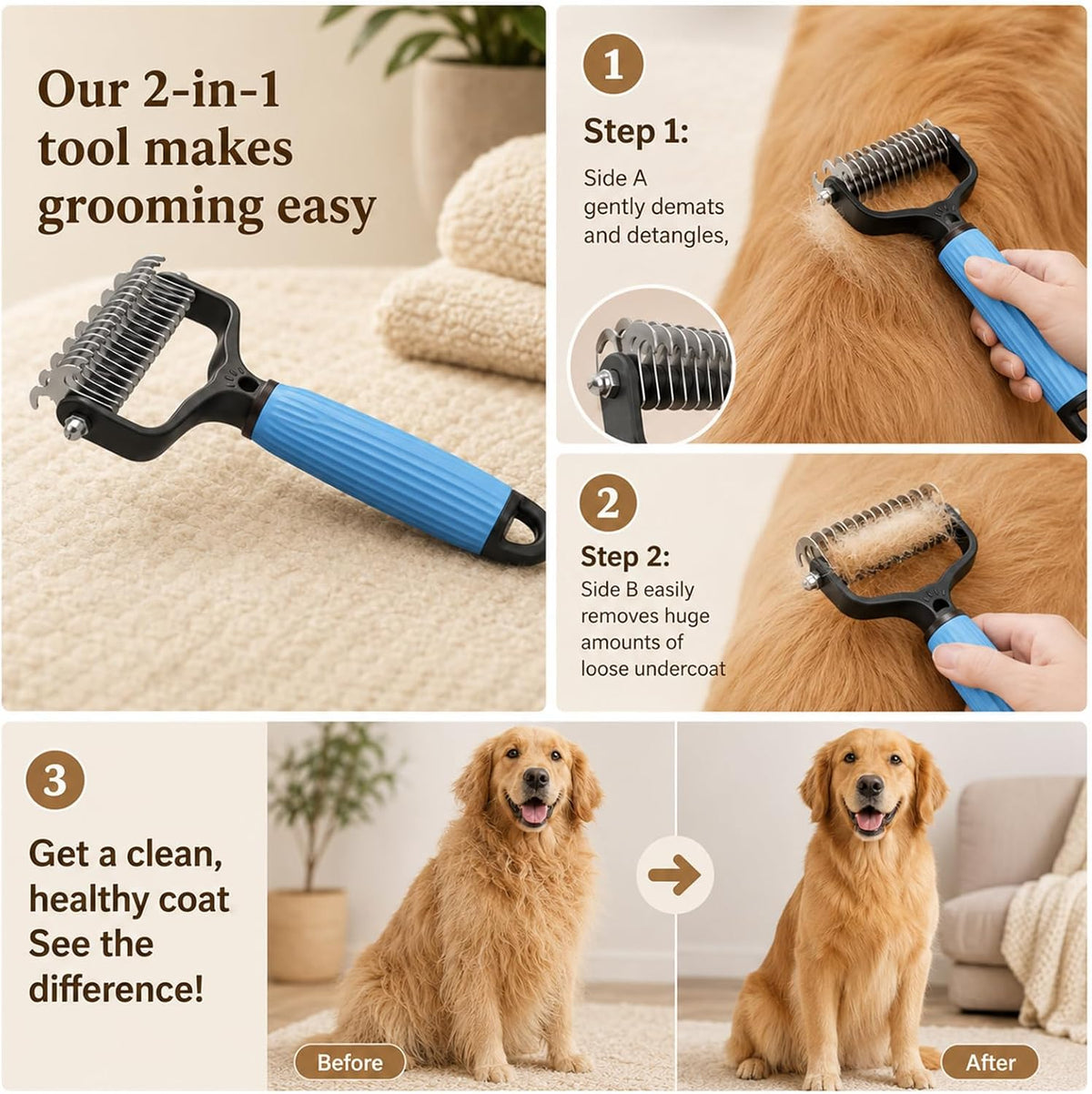 Ergonomic non slip handle on dog and cat undercoat rake brush